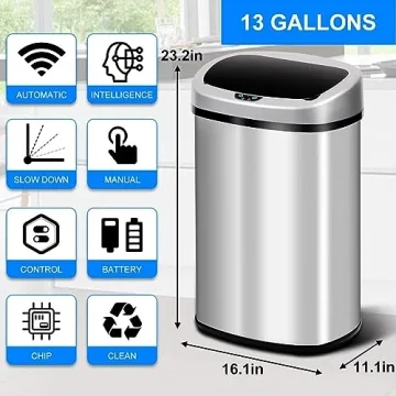 Automatic Motion Sensor Stainless Steel Trash Can 13 Gallon