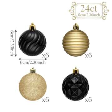 Valery Madelyn Christmas Ornaments Tree Decorations Set, 24ct Black Gold Shatterproof Ball Ornaments, 2.36" Hanging Ornament Bulk for Valentines Mardi Gras St. Patrick's Day Holiday Party Decor