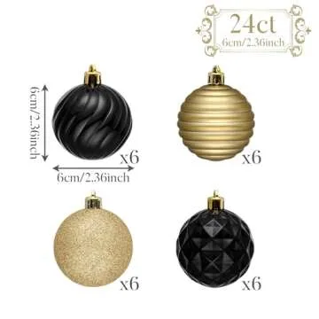 Valery Madelyn Christmas Ornaments Tree Decorations Set, 24ct Black Gold Shatterproof Ball Ornaments, 2.36" Hanging Ornament Bulk for Valentines Mardi Gras St. Patrick's Day Holiday Party Decor