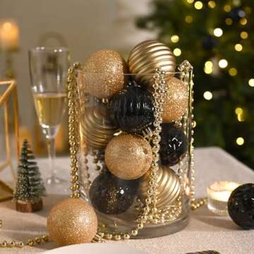 Valery Madelyn Christmas Ornaments Tree Decorations Set, 24ct Black Gold Shatterproof Ball Ornaments, 2.36" Hanging Ornament Bulk for Valentines Mardi Gras St. Patrick's Day Holiday Party Decor