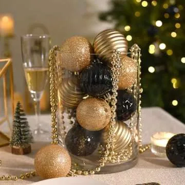 Valery Madelyn Christmas Ornaments Tree Decorations Set, 24ct Black Gold Shatterproof Ball Ornaments, 2.36" Hanging Ornament Bulk for Valentines Mardi Gras St. Patrick's Day Holiday Party Decor