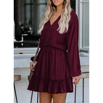 Dokotoo Womens Ladies Casual Summer Fashion Spring Sexy V Neck Ruffle Elegant Long Sleeve Empire Waist Cute Chiffon Boho Beach Vacation Tunic Swing A Line Mini Short Dresses for Women 2023 Wine M