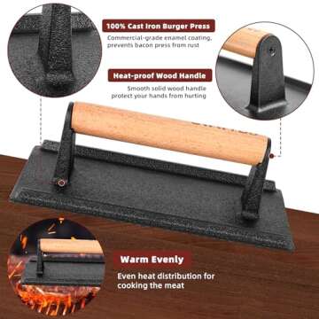 LWWTBS Burger Press Heavy-Duty Cast Iron Smashed Meat Steak Weight Grill Griddle Press (7" Round & 8.2"X4.3" Rectangle) with Wood Handle for Blackstone Griddle