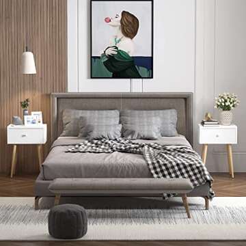 JAXPETY Modern Wood Nightstand, Bedside Table with Drawer, Night Stand, End Table with Solid Wood Legs for Bedroom Home Furniture, White