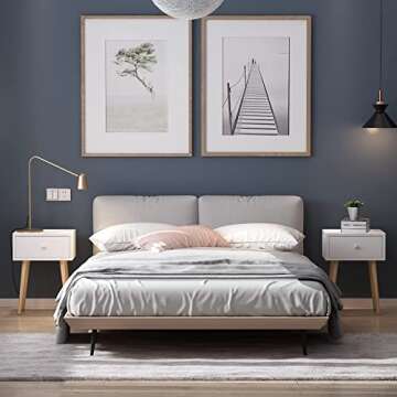 JAXPETY Modern Wood Nightstand, Bedside Table with Drawer, Night Stand, End Table with Solid Wood Legs for Bedroom Home Furniture, White