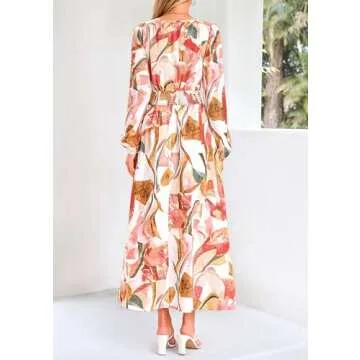 PRETTYGARDEN Women's Spring Floral Midi Dress Casual Fall V Neck Long Sleeve Flowy Beach Wedding Gue...