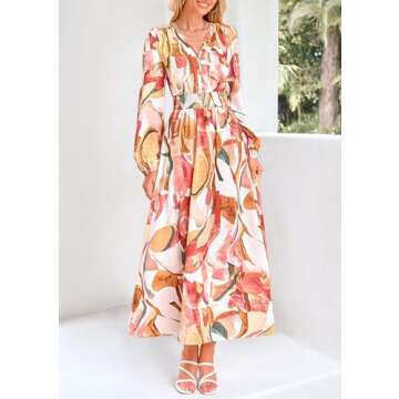 PRETTYGARDEN Women's Spring Floral Midi Dress Casual Fall V Neck Long Sleeve Flowy Beach Wedding Guest Vacation Dresses (Pink Watercolour,Large)