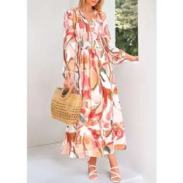 PRETTYGARDEN Women's Spring Floral Midi Dress Casual Fall V Neck Long Sleeve Flowy Beach Wedding Guest Vacation Dresses (Pink Watercolour,Large)