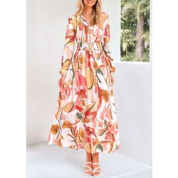 PRETTYGARDEN Women's Spring Floral Midi Dress Casual Fall V Neck Long Sleeve Flowy Beach Wedding Guest Vacation Dresses (Pink Watercolour,Large)