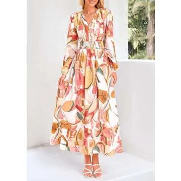 PRETTYGARDEN Women's Spring Floral Midi Dress Casual Fall V Neck Long Sleeve Flowy Beach Wedding Guest Vacation Dresses (Pink Watercolour,Large)