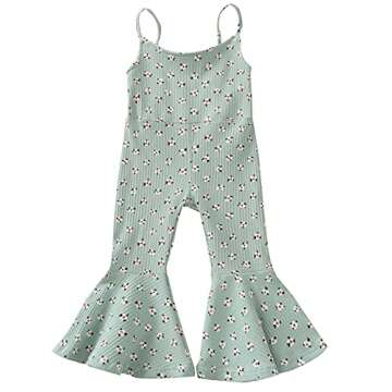 Qiylii Toddler Girls Sleeveless Floral Strap Jumpsuit Kids Baby Bell-Bottom Flare Pants Ribbed Romper One-Piece Playsuit (Green, 12 Months, 12_months)