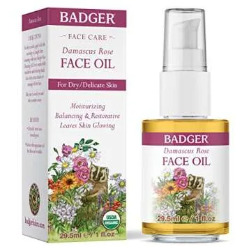 Badger Rose Face Oil, 100% Organic Face Moisturizer, Nourishing & Soothing Organic Jojoba Oil & Rose Oil, Vegan Antioxidant Rich Moisturizing Facial Oil, 1 fl oz Glass Bottle