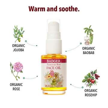 Badger Rose Face Oil, 100% Organic Face Moisturizer, Nourishing & Soothing Organic Jojoba Oil & Rose Oil, Vegan Antioxidant Rich Moisturizing Facial Oil, 1 fl oz Glass Bottle