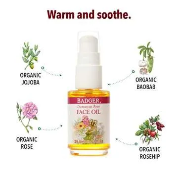 Badger Rose Face Oil, 100% Organic Face Moisturizer, Nourishing & Soothing Organic Jojoba Oil & Rose Oil, Vegan Antioxidant Rich Moisturizing Facial Oil, 1 fl oz Glass Bottle