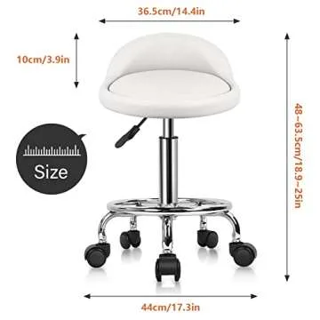 KKTONER PU Leather Round Rolling Stool with Foot Rest Height Adjustable Swivel Drafting Work SPA Task Chair with Wheels (White)
