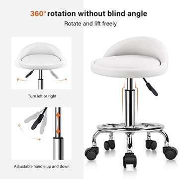 KKTONER PU Leather Round Rolling Stool with Foot Rest Height Adjustable Swivel Drafting Work SPA Task Chair with Wheels (White)