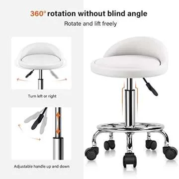 KKTONER PU Leather Round Rolling Stool with Foot Rest Height Adjustable Swivel Drafting Work SPA Task Chair with Wheels (White)