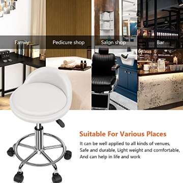 KKTONER PU Leather Round Rolling Stool with Foot Rest Height Adjustable Swivel Drafting Work SPA Task Chair with Wheels (White)