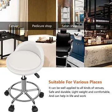 KKTONER PU Leather Round Rolling Stool with Foot Rest Height Adjustable Swivel Drafting Work SPA Task Chair with Wheels (White)