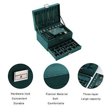 ZUZOOQ Women Jewelry Organizer Box, 3-Layer Velvet Jewelry Boxes Display Storage Case with Lock for Rings Necklace Earrings, Green, 24 * 17 * 11CM1