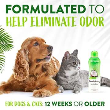 TropiClean Deodorizing Cat & Dog Shampoo for Smelly Dogs, Cats, Puppies, and Kittens, Powerful Odor Control, Coconut Scent, Made in the USA, 20oz.