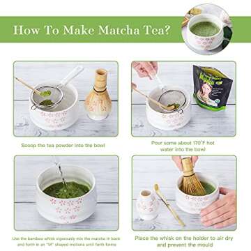 MYCHA Japanese Matcha Tea Set, Matcha Whisk, Traditional Scoop, Matcha Bowl, Ceramic Whisk Holder,Sifter,Handmade Matcha Ceremony Kit For Traditional Japanese Tea Ceremony (Cherry Blossom)