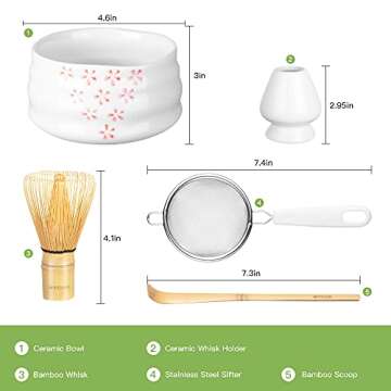 MYCHA Japanese Matcha Tea Set, Matcha Whisk, Traditional Scoop, Matcha Bowl, Ceramic Whisk Holder,Sifter,Handmade Matcha Ceremony Kit For Traditional Japanese Tea Ceremony (Cherry Blossom)