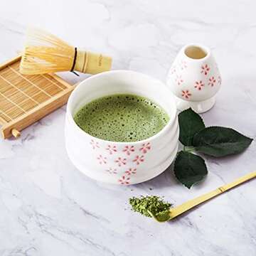 MYCHA Japanese Matcha Tea Set, Matcha Whisk, Traditional Scoop, Matcha Bowl, Ceramic Whisk Holder,Sifter,Handmade Matcha Ceremony Kit For Traditional Japanese Tea Ceremony (Cherry Blossom)