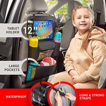 Helteko Car Seat Organizer, Ultra Version Kids Backseat Car Organizers and Storage, Waterproof Back Seat Protector Kick Mats with Tablet Holder 12" Car Accessories Interior, Black 2 Pack