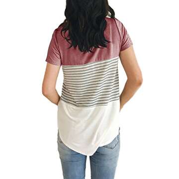 YunJey short sleeve round neck triple color block stripe T-shirt casual blouse,Red,Small
