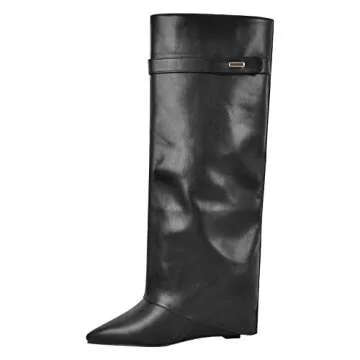 LISHAN Women's Slouchy High Heels Wedge Boots Knee High Pointed Closed Toe Fold Down Pull On Under The Knee High Boots Solid Color Pant Boots Dress Party Dancing Heels Shoes Black Size 11