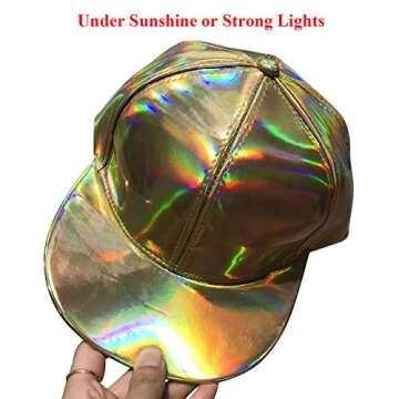 FALETO Adjustable Shiny Holographic Baseball Cap Rainbow Reflective Hip Hop Rave Hat Metallic Casual Cap