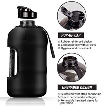 Kaptron Gym Water Bottle with Case - Bodybuilding Water Bottle - Strong Durable 2.2 Litre Water Bottle with Handle - BPA Free Large Half Gallon Sports Water Bottles (Black)