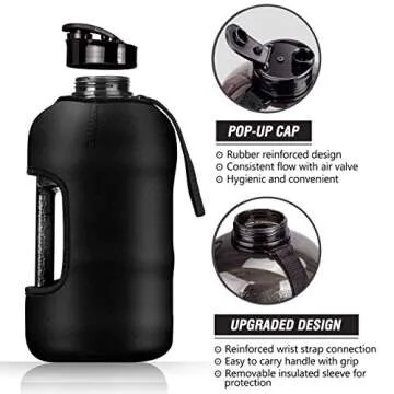 Kaptron Gym Water Bottle with Case - Bodybuilding Water Bottle - Strong Durable 2.2 Litre Water Bottle with Handle - BPA Free Large Half Gallon Sports Water Bottles (Black)