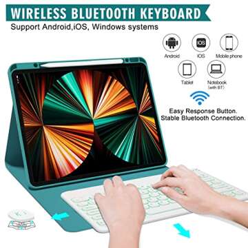 BLUTLOTUS Keyboard Case for iPad Air 13 2024, ipad Pro 12.9 inch 2022/2021/2020 (6th/5th/4th Gen),Smart Folio Tablet Cover with Pencil Holder, 7 Color Backlit Detachable Wireless Keyboard-Teal