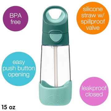 b.box 15 oz Tritan Drink Bottle: Kids Water Bottle with Straw and Lid for School, Sports, Travel, Daycare. Spill Proof & Leak Proof. Easy Grip Triangle Shape. BPA Free, Dishwasher Safe.
