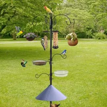 Deluxe Bird Feeding Station Kit Bird Feeder Pole Hanging Kit Multi Bird Feeders with Squirrel Baffle and Metal Suet Feeder Bird Bath Mesh Tray for Attracting Wild Birds and Planter Hanger