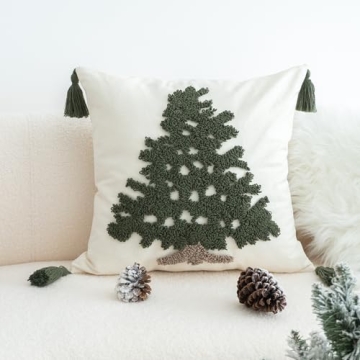 VANNCIO Green Tufted Christmas Tree Throw Pillow Cover, New Year Farmhouse Pillowcase with Tassels, ...