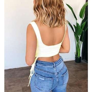 Womens Sexy Sleeveless Bodycon Crop Tops, Summer Casual Side Drawstring Basic Tank Top Mini Vest (Ye...