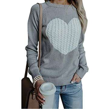 shermie Women's Pullover Sweaters Long Sleeve Crew Neck Cute Heart Knitted Casual Sweater Small Grey