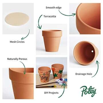 POTEY 020161 Terracotta Flower Pot Terra Cotta Clay Planter - 4.1 Inch with Drain Hole for Succulent Cactus - Set of 6, Unglazed
