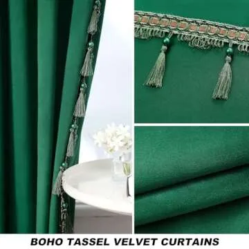 Fazhesici Dark Green Blackout Velvet Curtains 90 inches Long Windows Rod Pocket Drapes with Tassels Soundproof Thermal Curtains for Living Room 2 Panels Set 52" x 90"