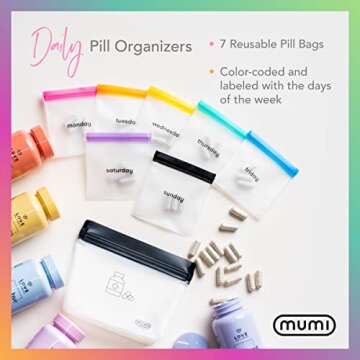 Mumi Pill Pouch Set - 7 Mini Zip Medicine Pill Organizers, Color-Coded Pouches Reusable Travel Bags ...