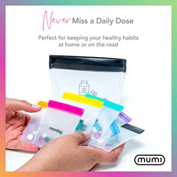 Mumi Pill Pouch Set - 7 Mini Zip Medicine Pill Organizers, Color-Coded Pouches Reusable Travel Bags for Vitamins and Small Items - Portable Daily Organizer