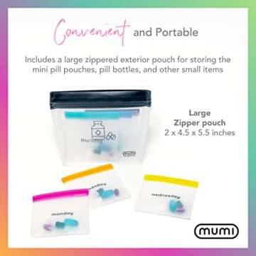 Mumi Pill Pouch Set - 7 Mini Zip Medicine Pill Organizers, Color-Coded Pouches Reusable Travel Bags for Vitamins and Small Items - Portable Daily Organizer