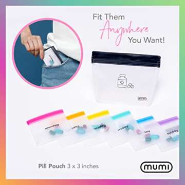 Mumi Pill Pouch Set - 7 Mini Zip Medicine Pill Organizers, Color-Coded Pouches Reusable Travel Bags for Vitamins and Small Items - Portable Daily Organizer