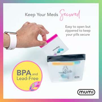 Mumi Pill Pouch Set - 7 Mini Zip Medicine Pill Organizers, Color-Coded Pouches Reusable Travel Bags for Vitamins and Small Items - Portable Daily Organizer