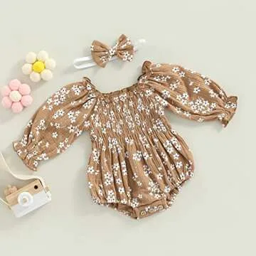 2pcs Infant Baby Girls Romper Dress Headband Long Sleeve Flowers Newborn Boho Girl Outfit Jumpsuit Clothes (Brown, 0-6 Months)