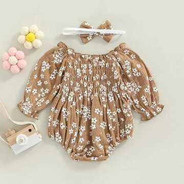2pcs Infant Baby Girls Romper Dress Headband Long Sleeve Flowers Newborn Boho Girl Outfit Jumpsuit Clothes (Brown, 0-6 Months)