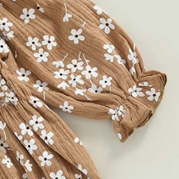 2pcs Infant Baby Girls Romper Dress Headband Long Sleeve Flowers Newborn Boho Girl Outfit Jumpsuit Clothes (Brown, 0-6 Months)